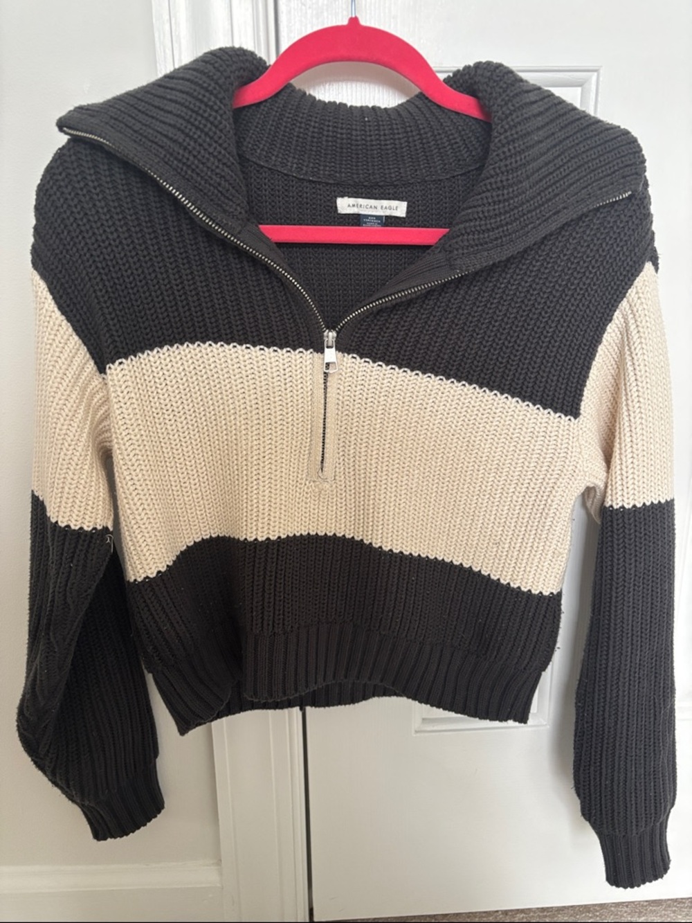 American Eagle Outfitters Black and Cream Striped Half-Zip Turtleneck Sweater